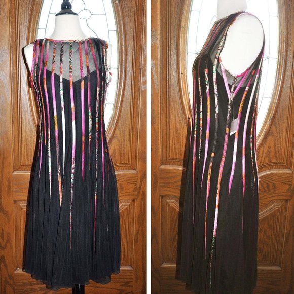 JS Collections A-Line Dress With Colorful Panels Between Black Net Panels - Picture 1 of 6